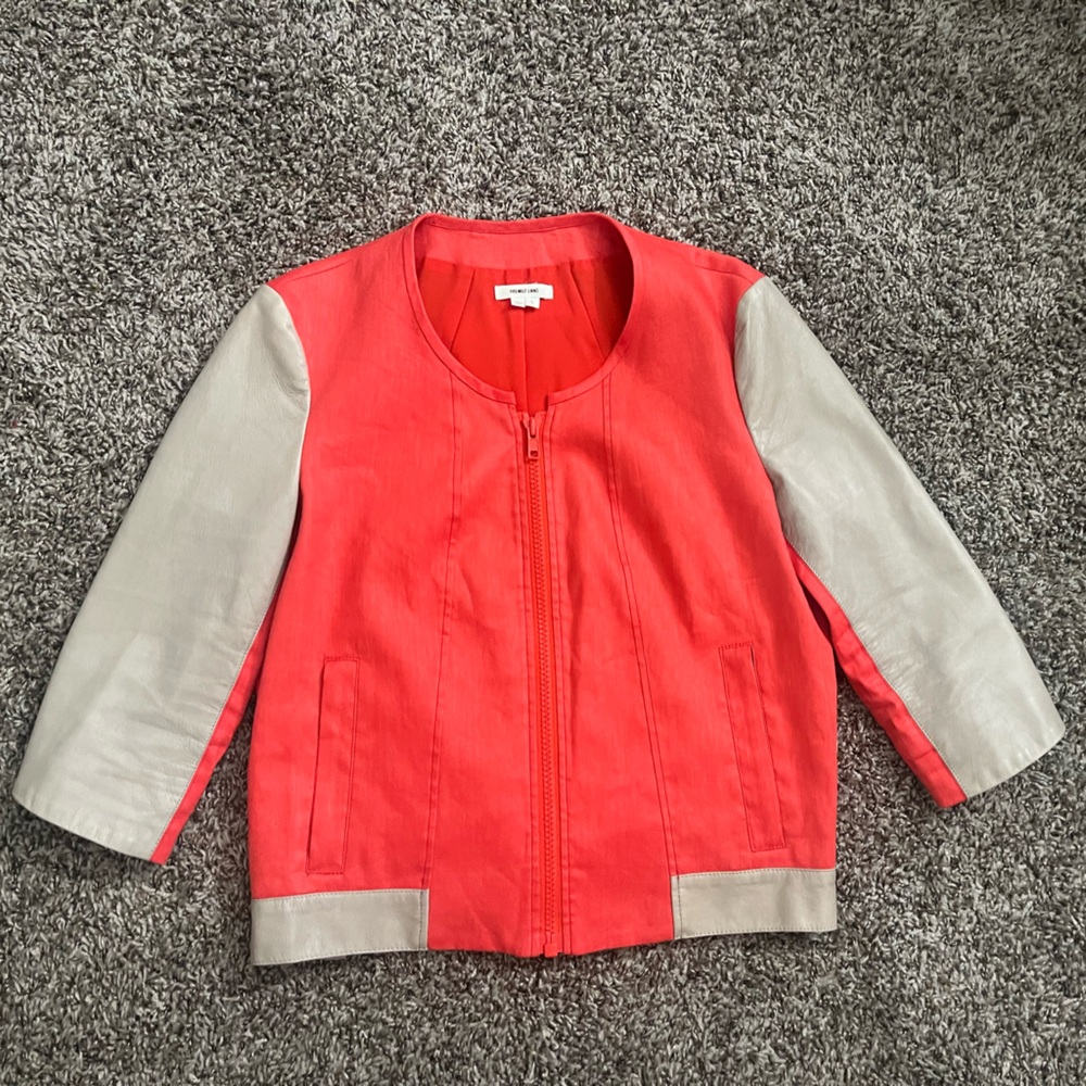 Helmut Lang colorblocked linen and leather cropped jacket red and cream large